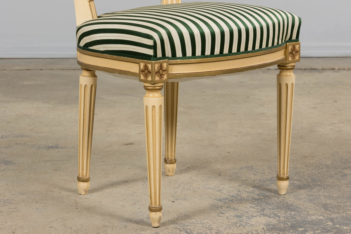 Antique French Louis XVI Style Painted Accent Side Chairs in Green Stripe - A Pair