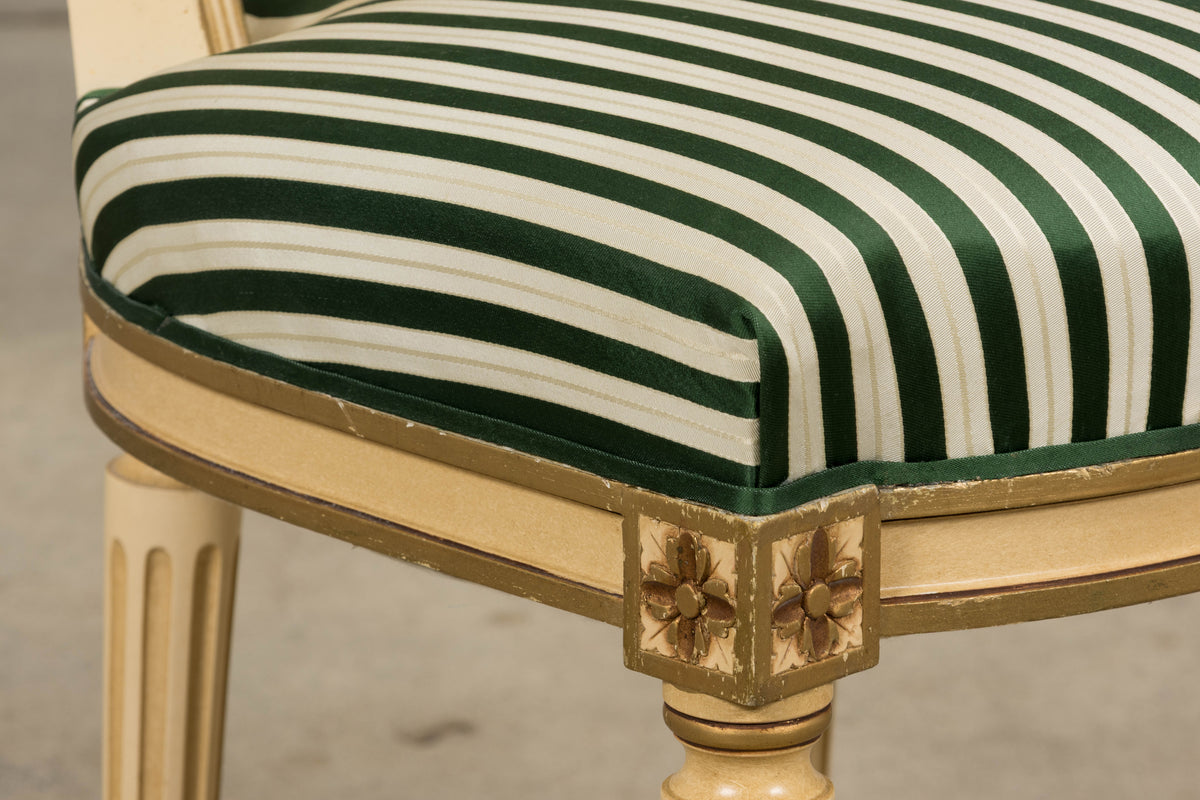 Antique French Louis XVI Style Painted Accent Side Chairs in Green Stripe - A Pair