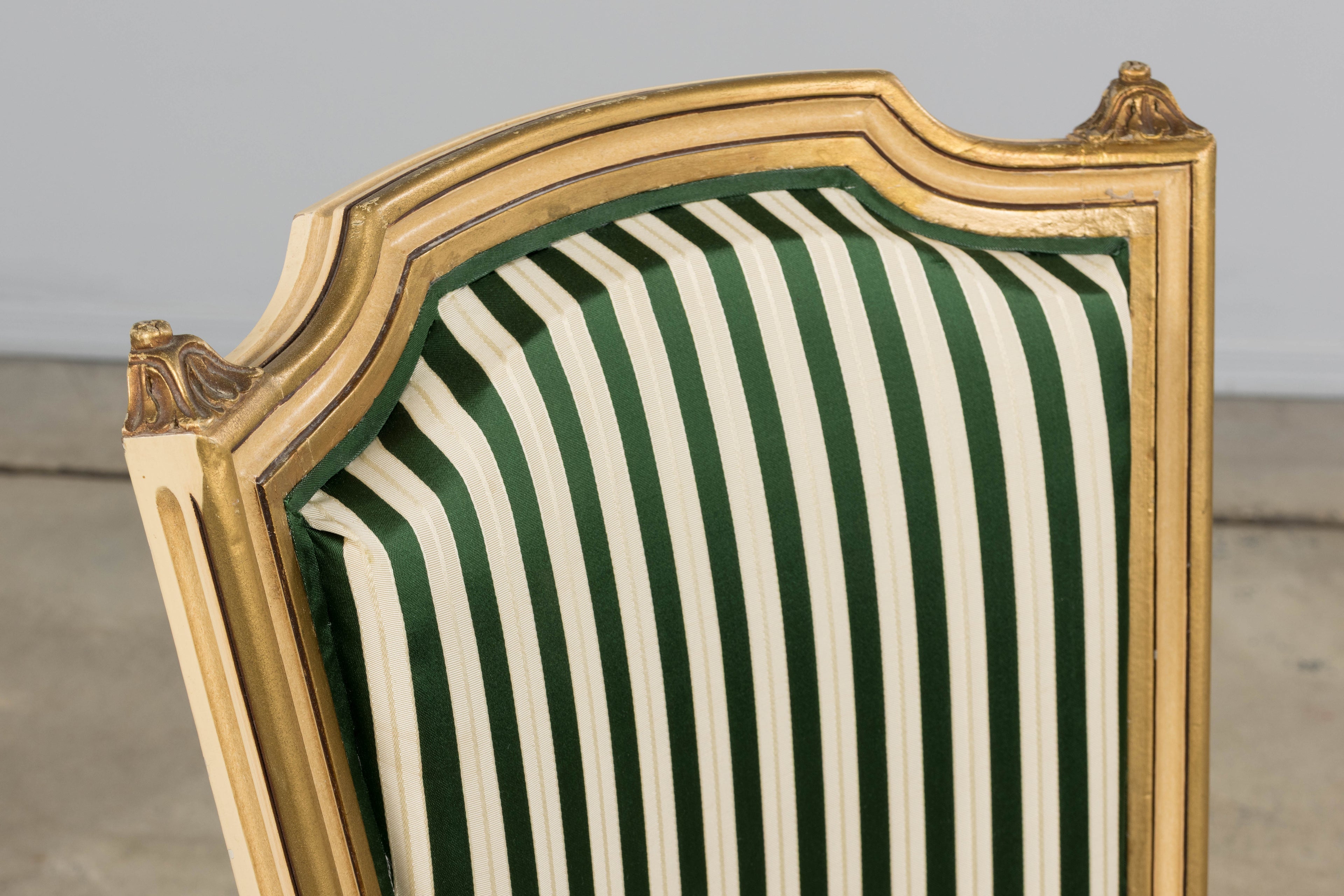 Antique French Louis XVI Style Painted Accent Side Chairs in Green Stripe - A Pair