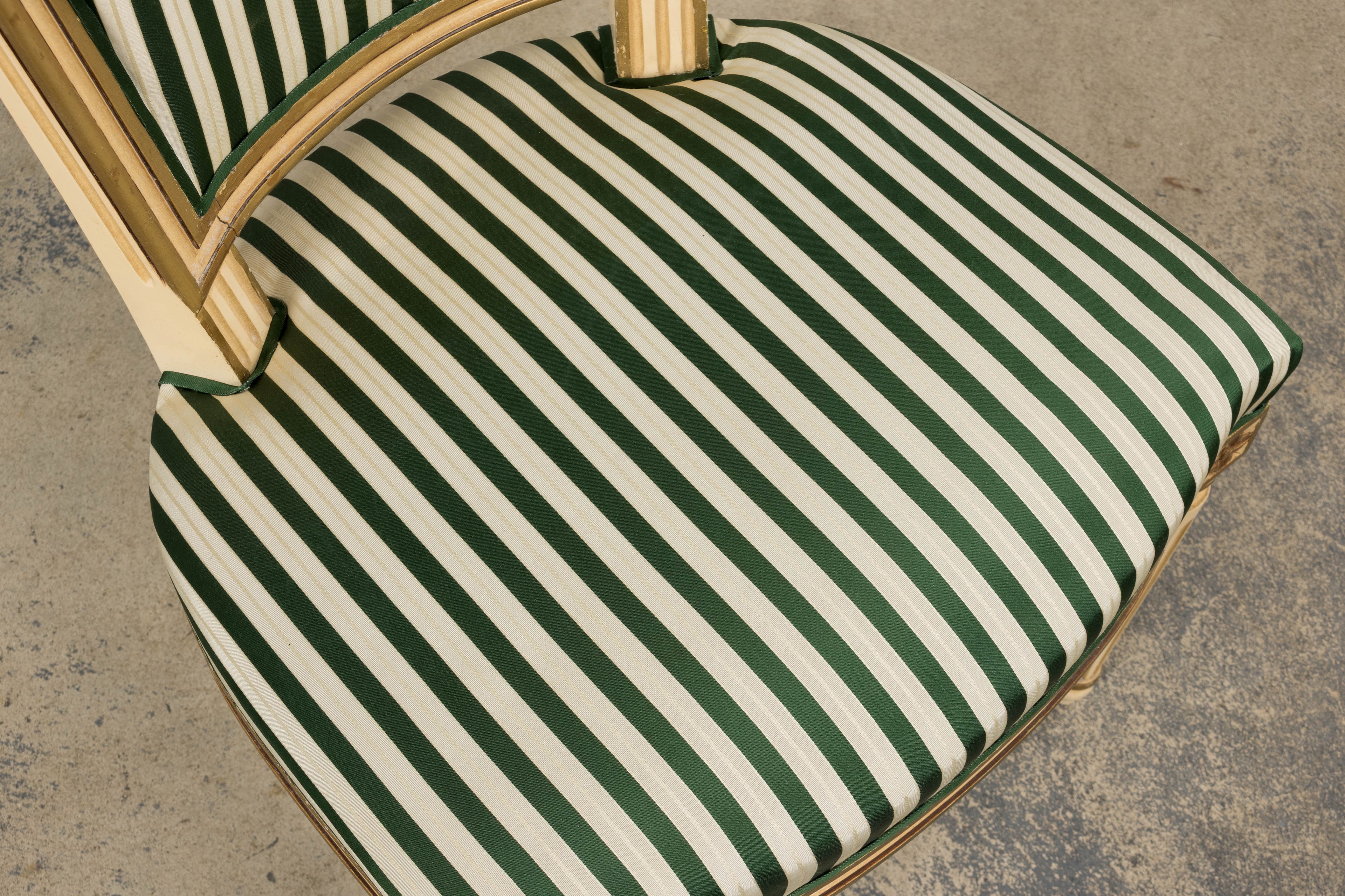 Antique French Louis XVI Style Painted Accent Side Chairs in Green Stripe - A Pair