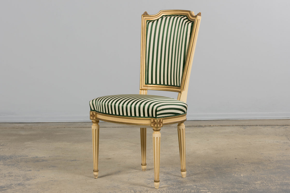 Antique French Louis XVI Style Painted Accent Side Chairs in Green Stripe - A Pair