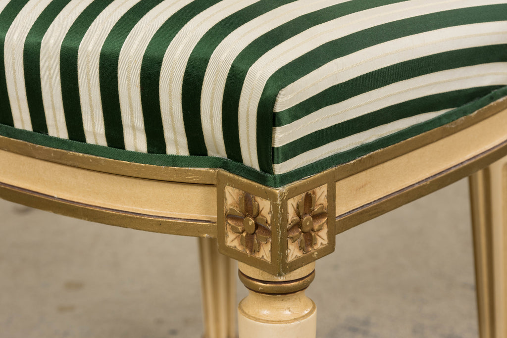 Antique French Louis XVI Style Painted Accent Side Chairs in Green Stripe - A Pair
