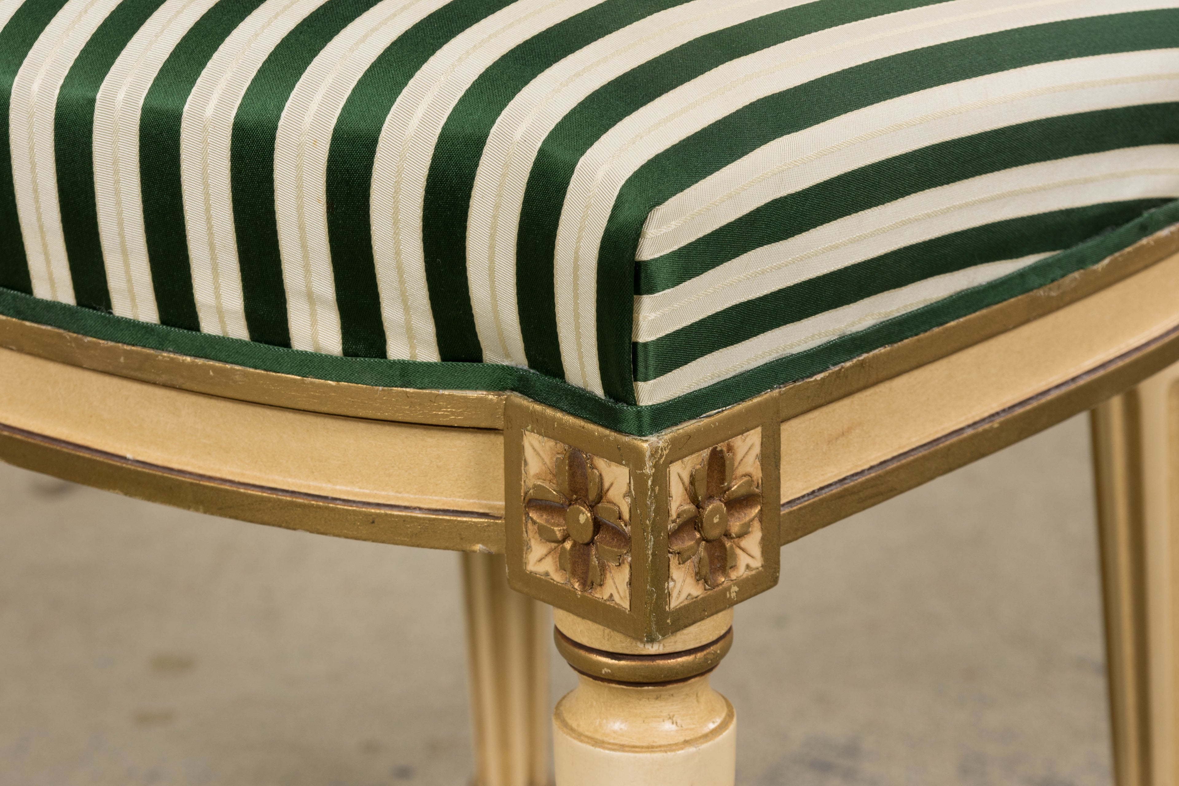 Antique French Louis XVI Style Painted Accent Side Chairs in Green Stripe - A Pair