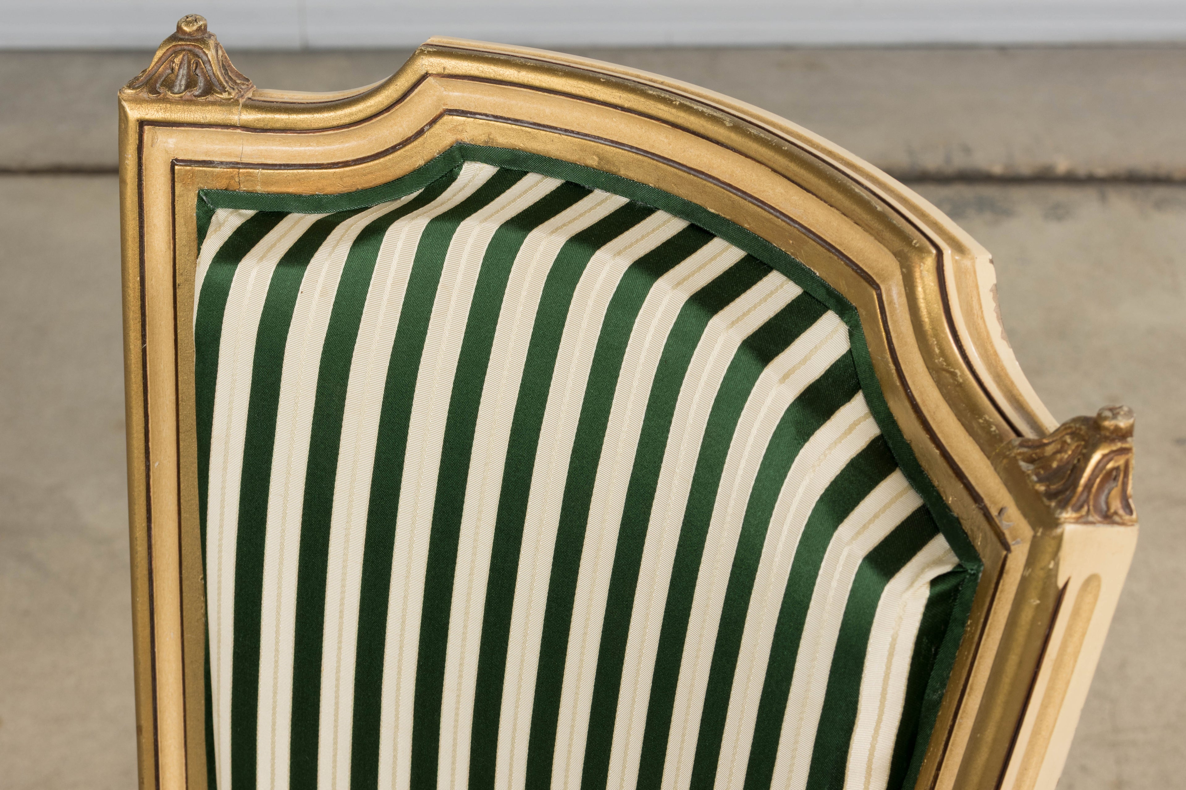 Antique French Louis XVI Style Painted Accent Side Chairs in Green Stripe - A Pair