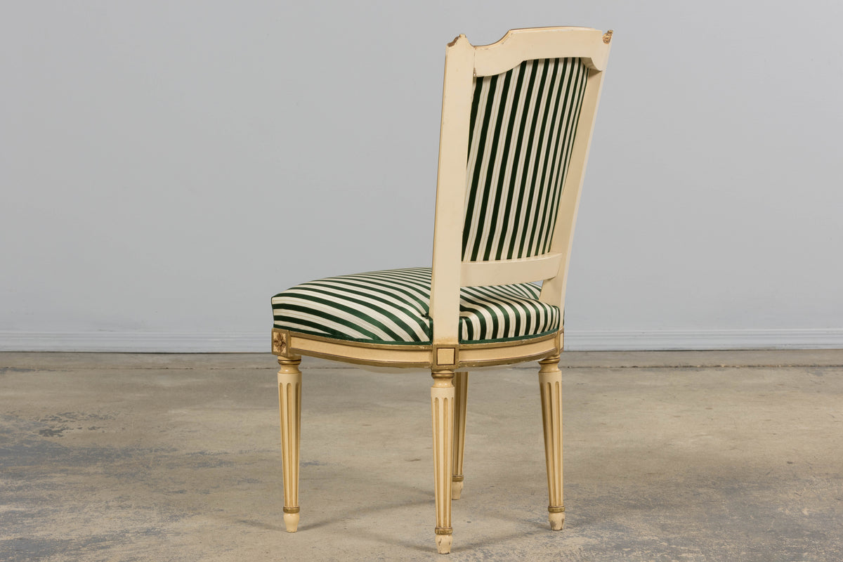 Antique French Louis XVI Style Painted Accent Side Chairs in Green Stripe - A Pair