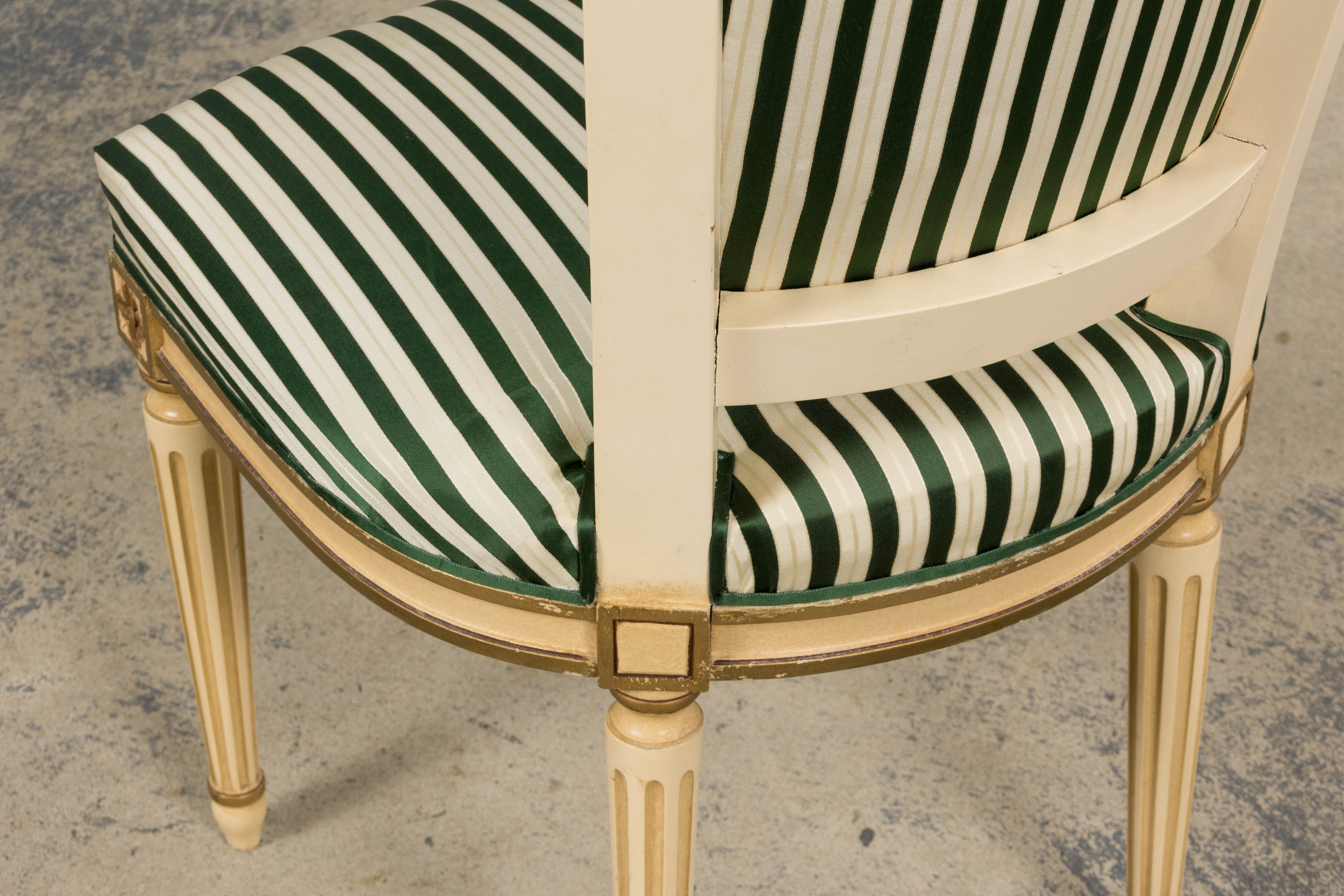 Antique French Louis XVI Style Painted Accent Side Chairs in Green Stripe - A Pair