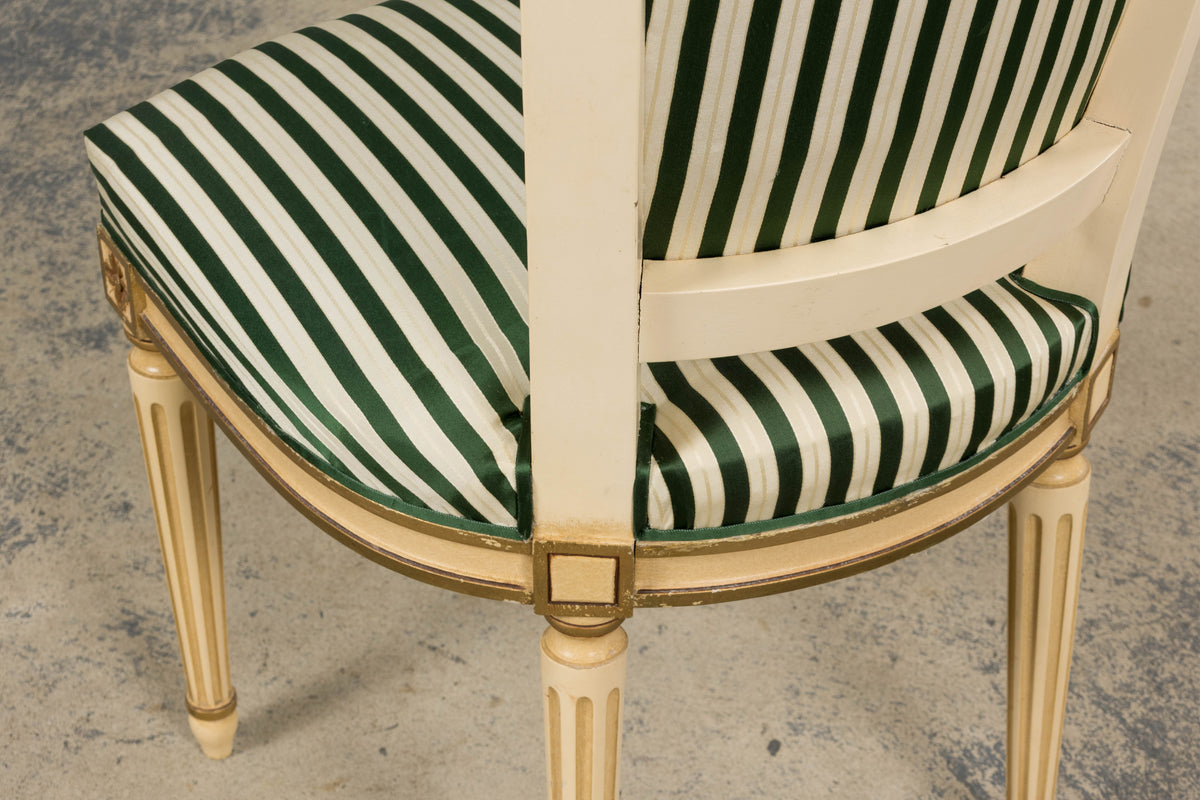 Antique French Louis XVI Style Painted Accent Side Chairs in Green Stripe - A Pair