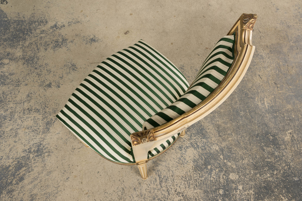 Antique French Louis XVI Style Painted Accent Side Chairs in Green Stripe - A Pair