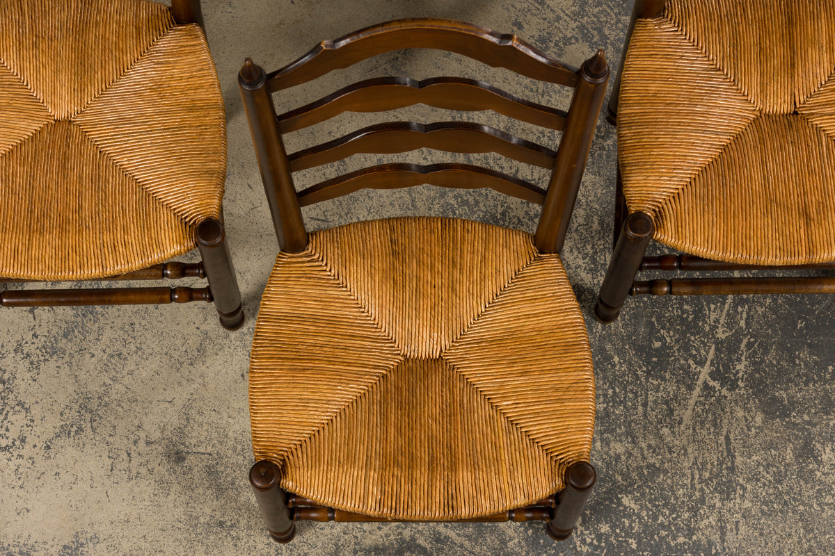 Antique Country French Ladder Back Maple Dining Chairs W/ Rush Seats - Set of 8