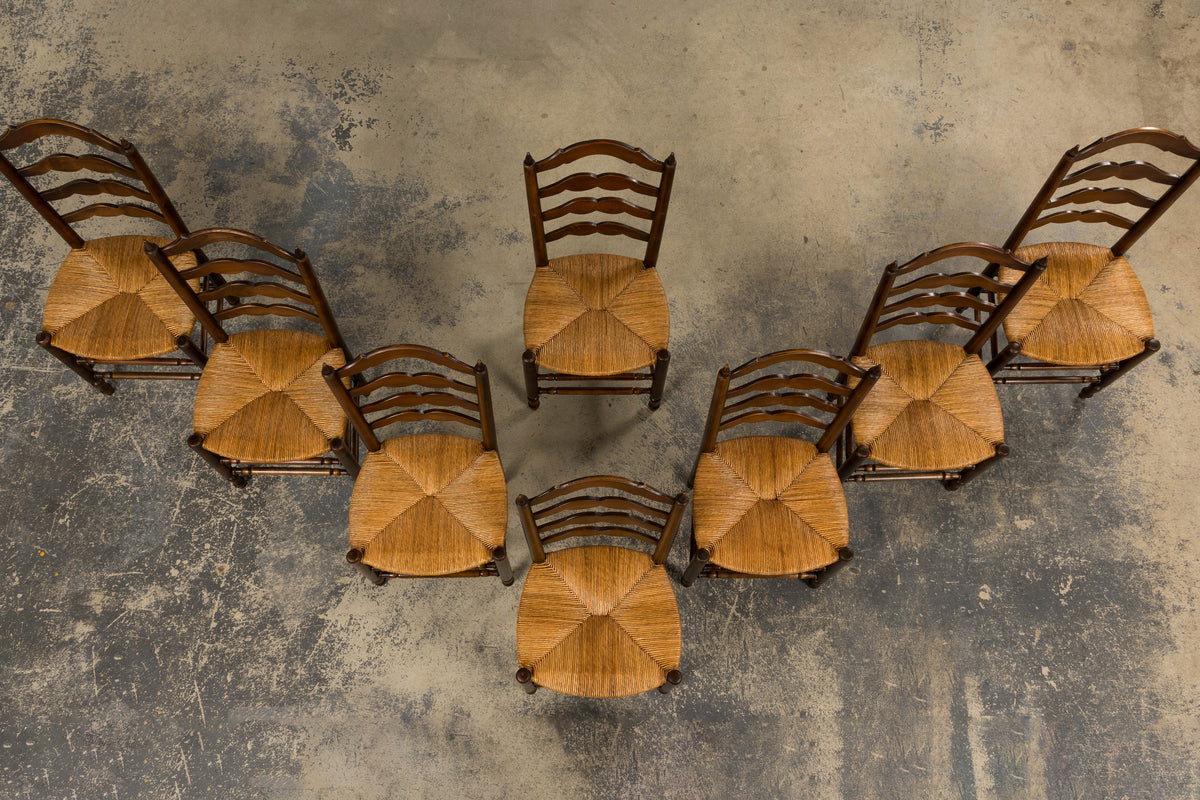 Antique Country French Ladder Back Maple Dining Chairs W/ Rush Seats - Set of 8
