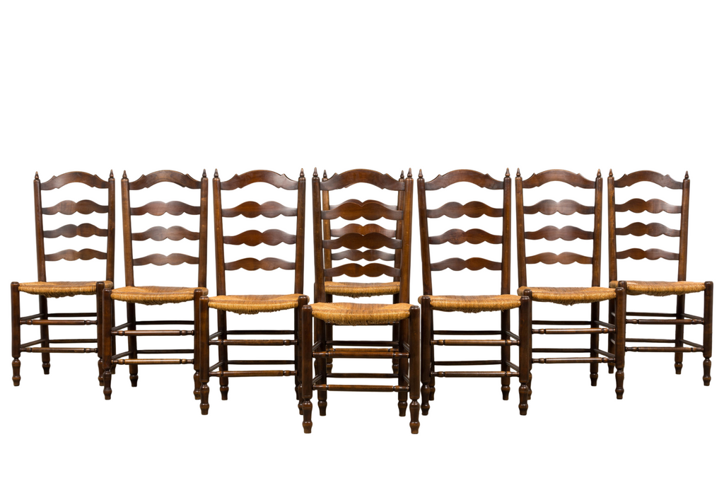 Antique Country French Ladder Back Maple Dining Chairs W/ Rush Seats - Set of 8