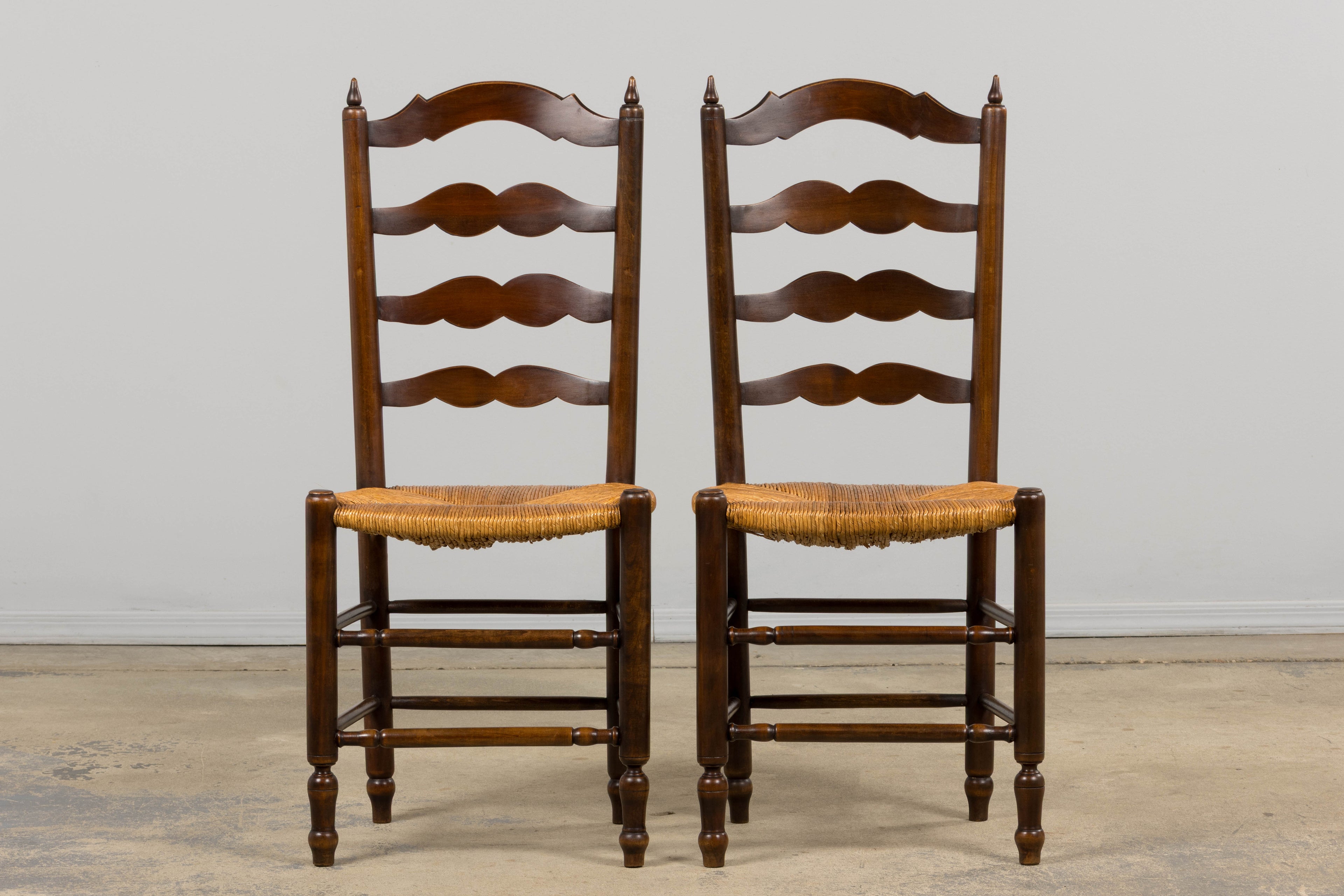 Antique Country French Ladder Back Maple Dining Chairs W/ Rush Seats - Set of 8