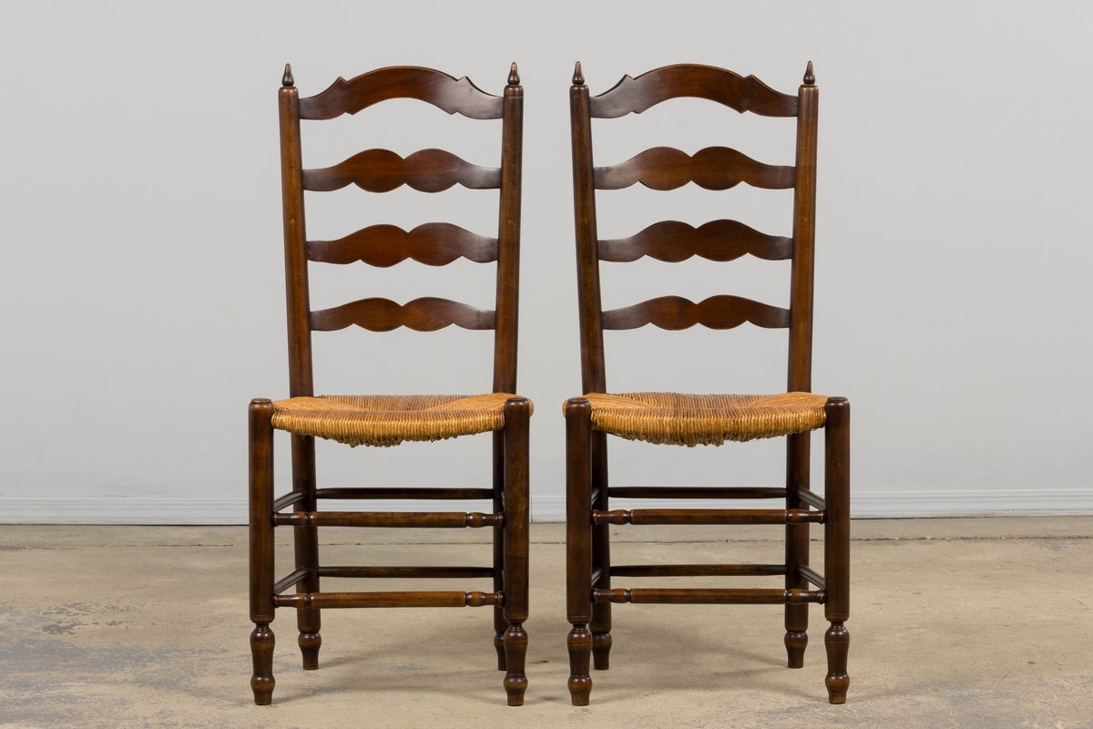 Antique Country French Ladder Back Maple Dining Chairs W/ Rush Seats - Set of 8