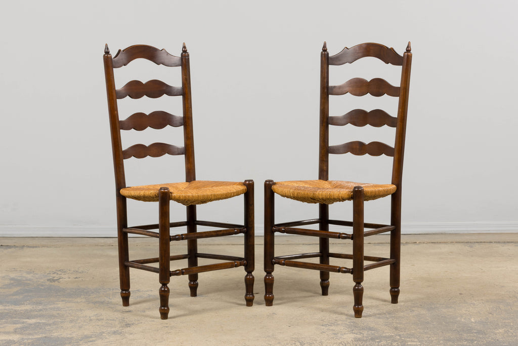 Antique Country French Ladder Back Maple Dining Chairs W/ Rush Seats - Set of 8
