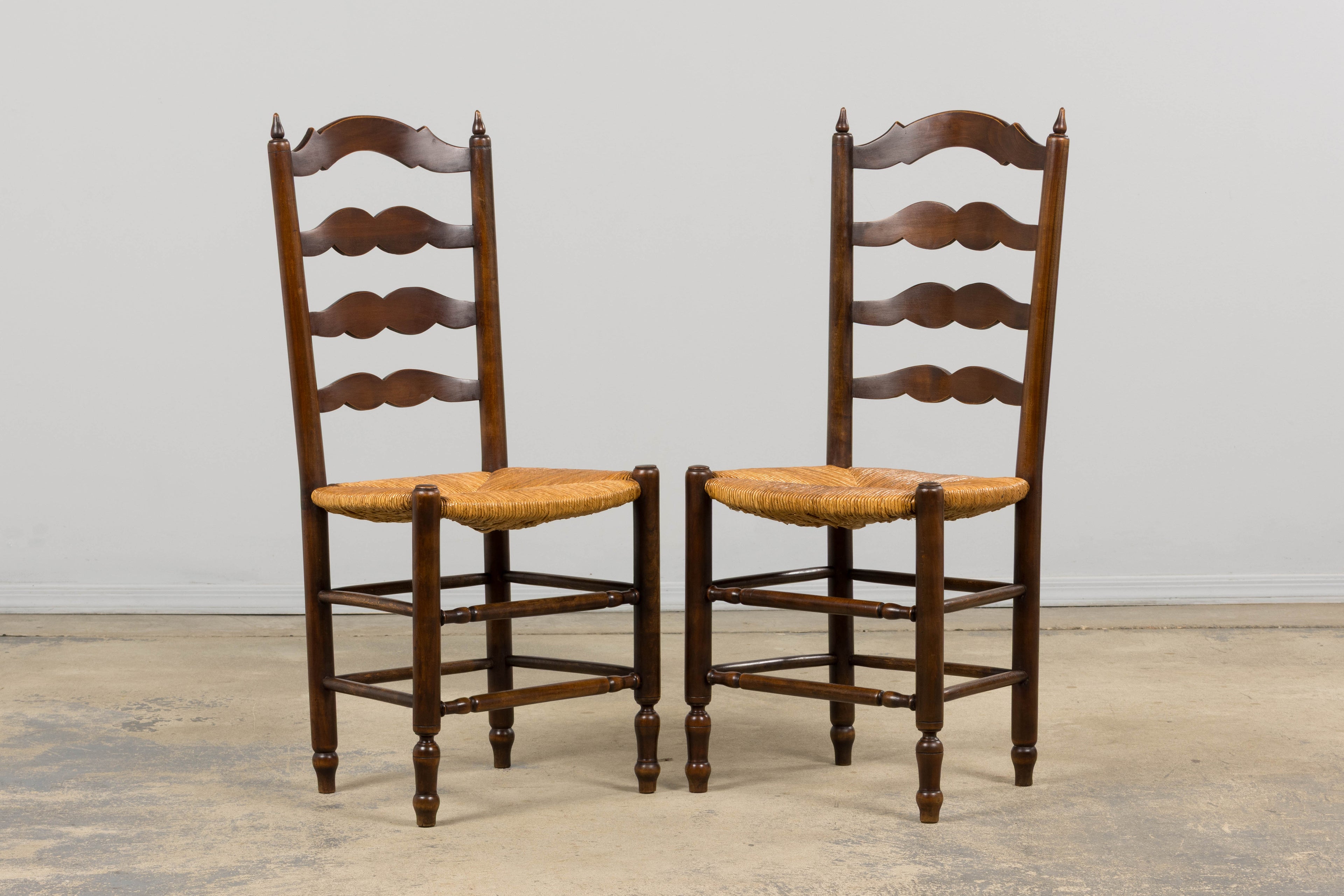 Antique Country French Ladder Back Maple Dining Chairs W/ Rush Seats - Set of 8