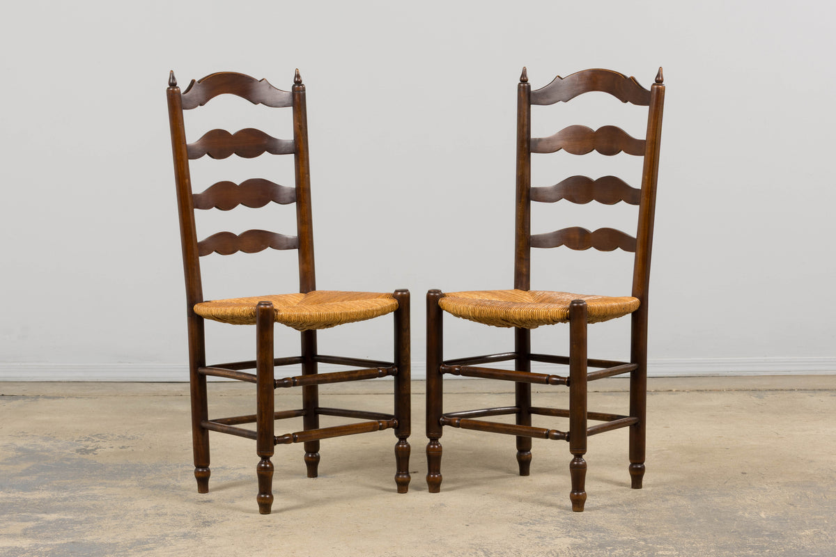 Antique Country French Ladder Back Maple Dining Chairs W/ Rush Seats - Set of 8