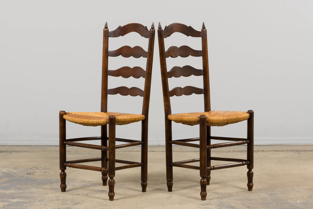Antique Country French Ladder Back Maple Dining Chairs W/ Rush Seats - Set of 8
