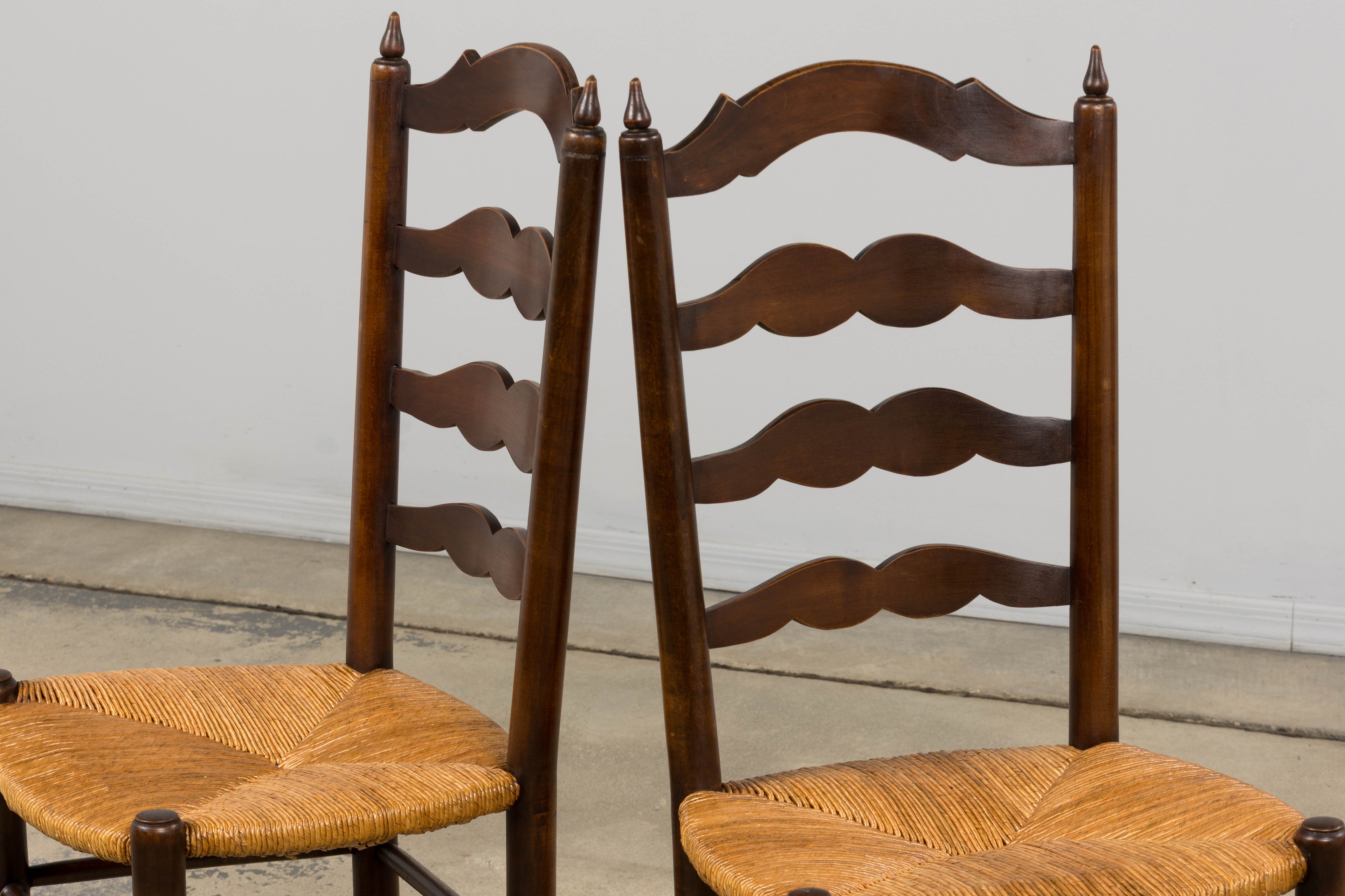 Antique Country French Ladder Back Maple Dining Chairs W/ Rush Seats - Set of 8