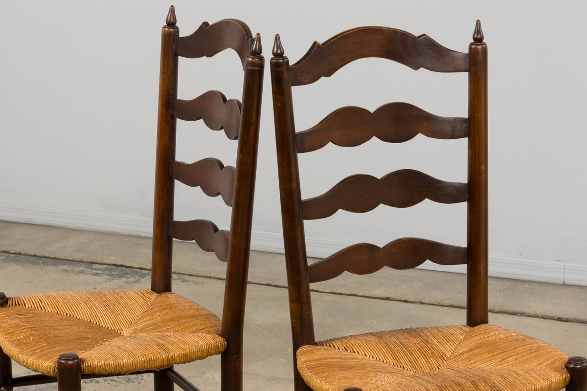 Antique Country French Ladder Back Maple Dining Chairs W/ Rush Seats - Set of 8