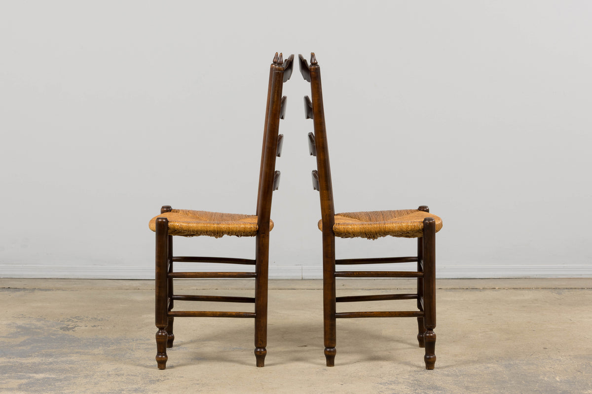 Antique Country French Ladder Back Maple Dining Chairs W/ Rush Seats - Set of 8