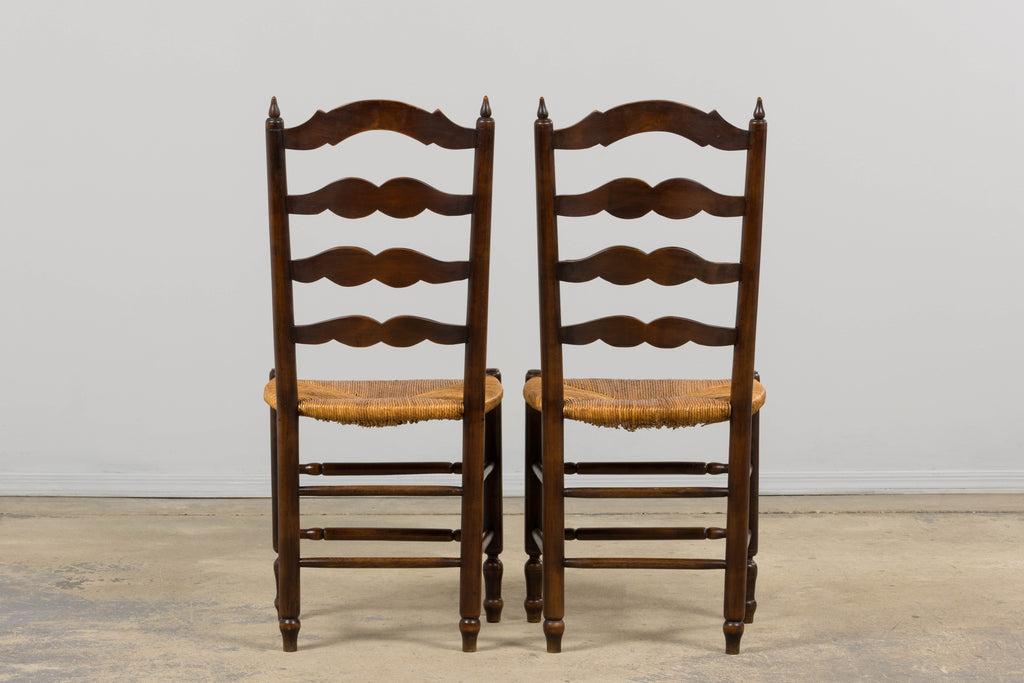 Antique Country French Ladder Back Maple Dining Chairs W/ Rush Seats - Set of 8