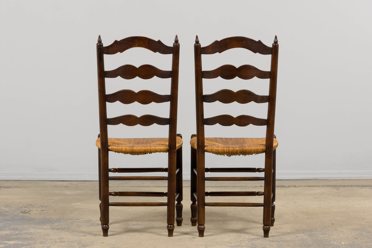 Antique Country French Ladder Back Maple Dining Chairs W/ Rush Seats - Set of 8
