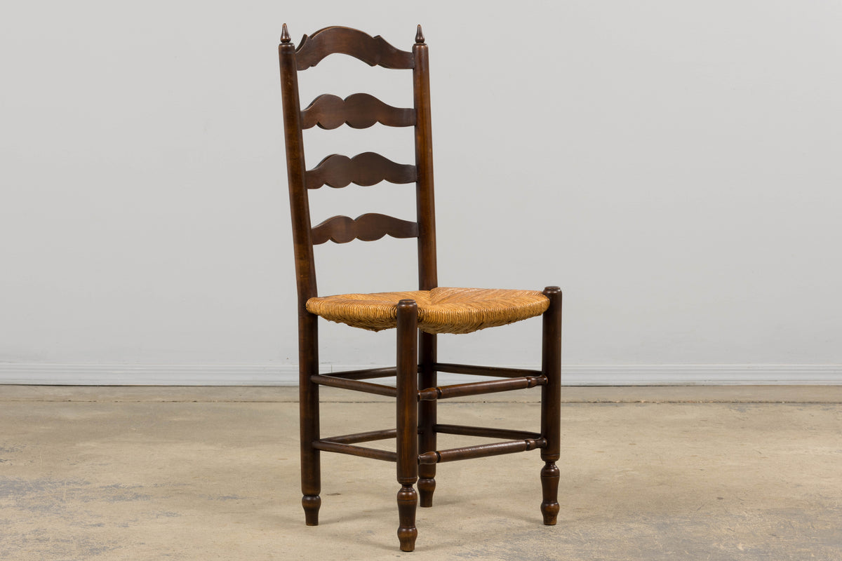 Antique Country French Ladder Back Maple Dining Chairs W/ Rush Seats - Set of 8