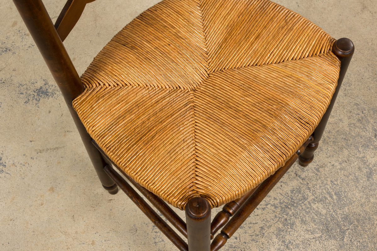Antique Country French Ladder Back Maple Dining Chairs W/ Rush Seats - Set of 8