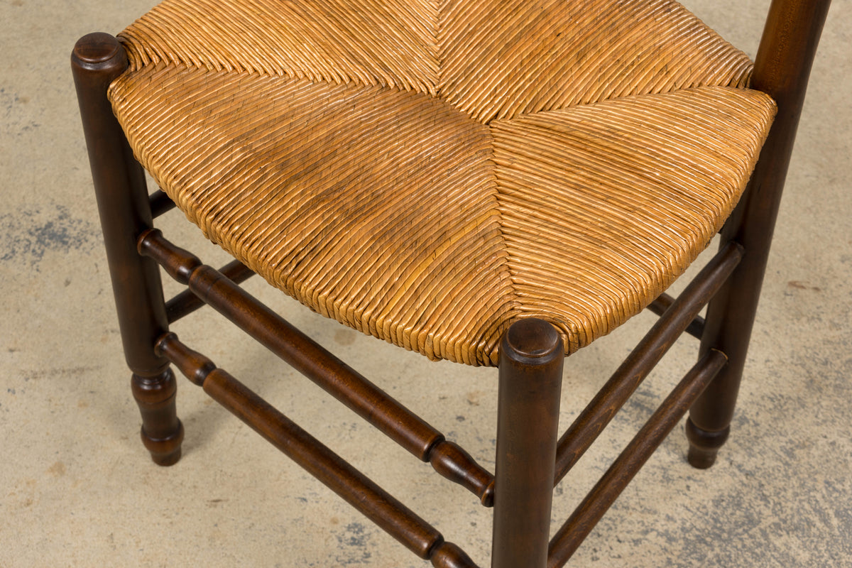 Antique Country French Ladder Back Maple Dining Chairs W/ Rush Seats - Set of 8