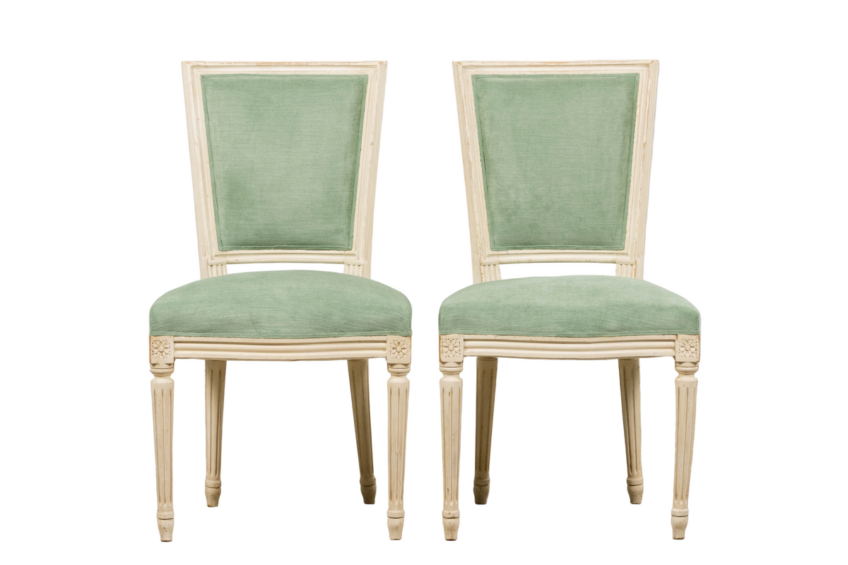 Pair of Antique French Louis XVI Style Painted Accent Side Chairs in Sea Green