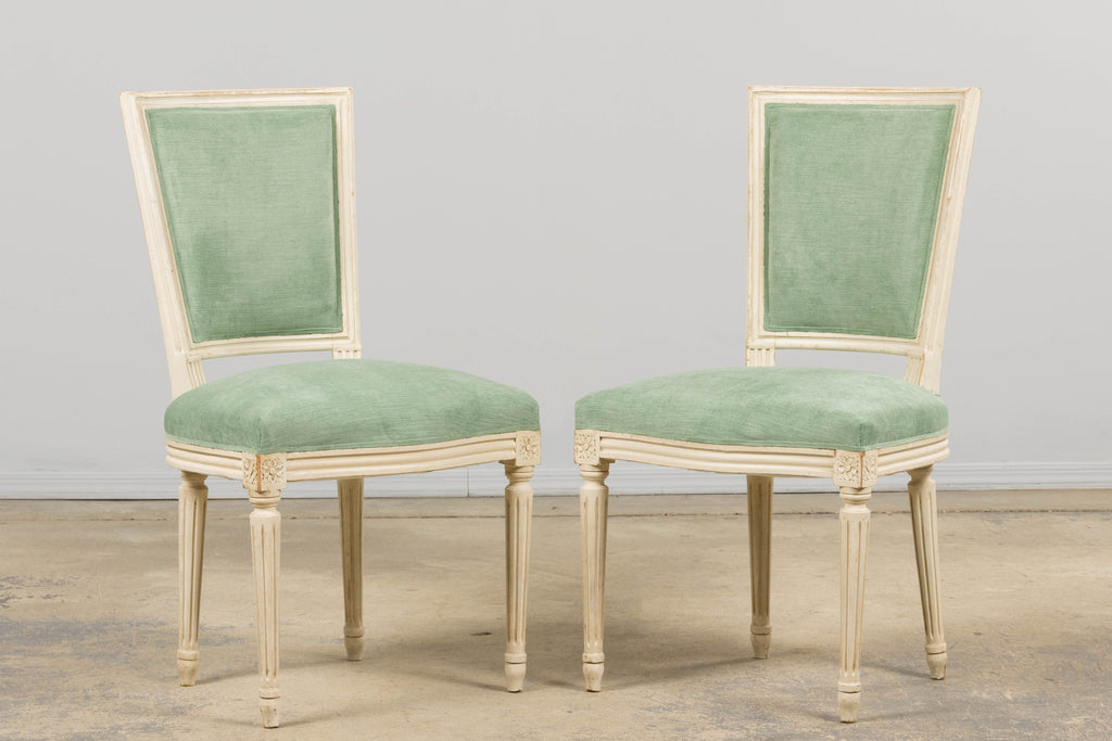 Pair of Antique French Louis XVI Style Painted Accent Side Chairs in Sea Green