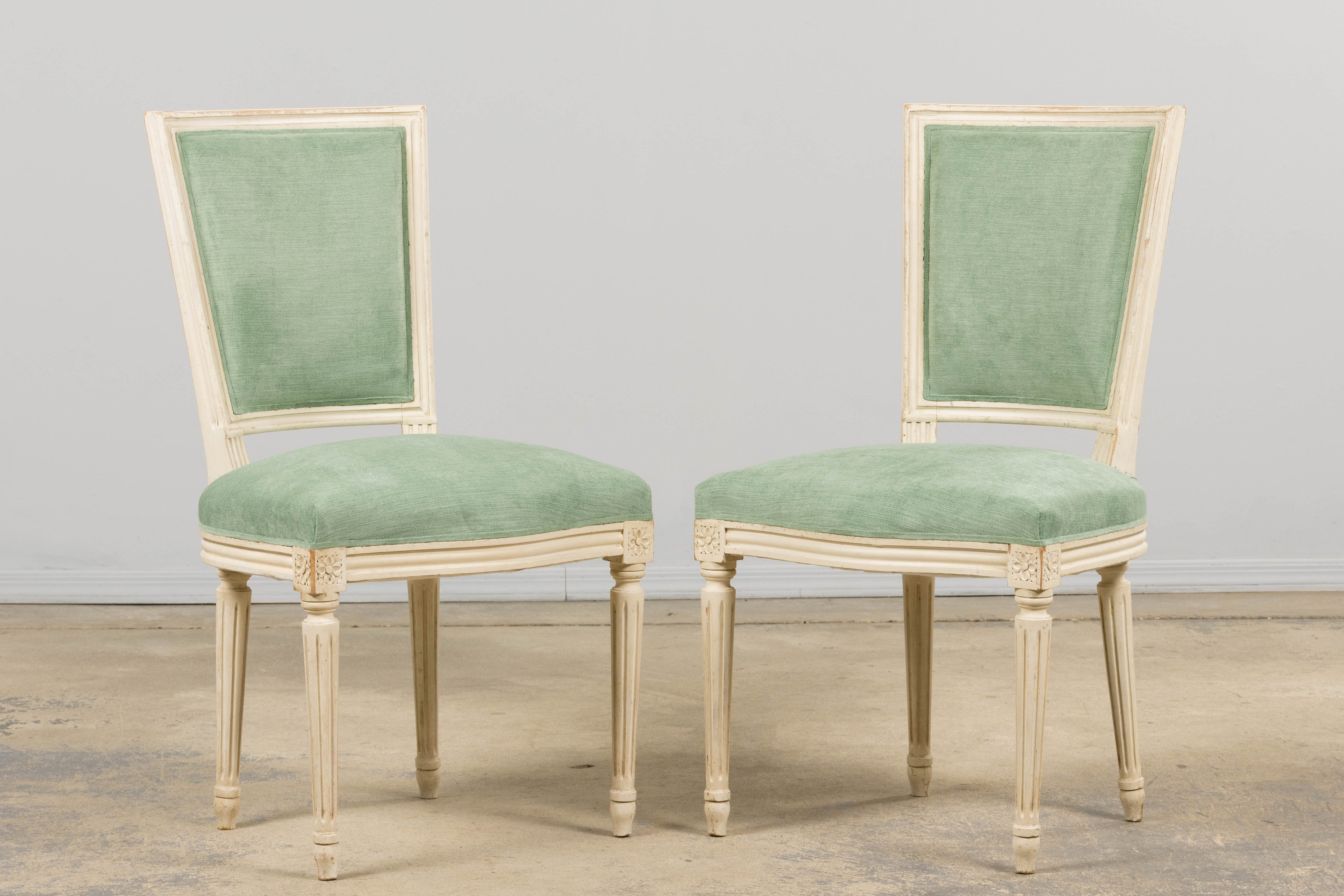 Pair of Antique French Louis XVI Style Painted Accent Side Chairs in Sea Green