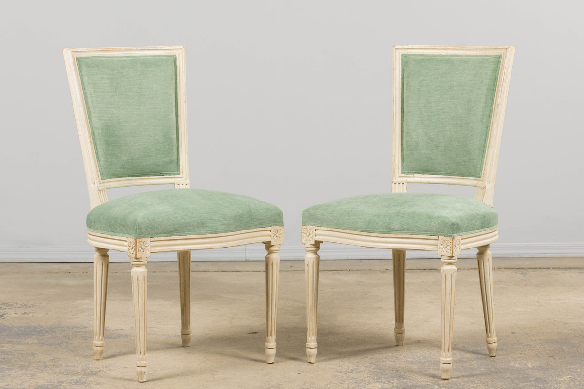 Pair of Antique French Louis XVI Style Painted Accent Side Chairs in Sea Green