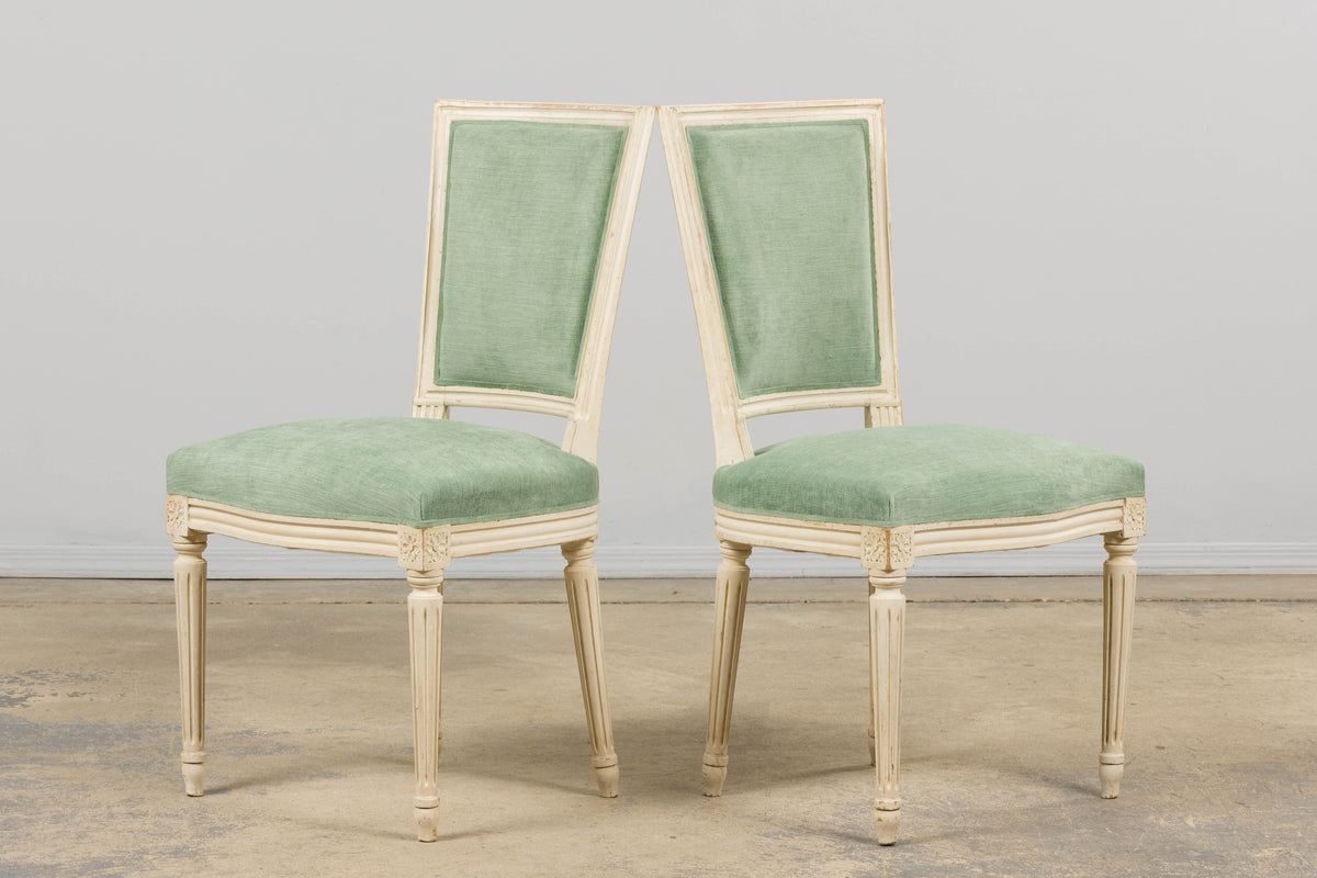Pair of Antique French Louis XVI Style Painted Accent Side Chairs in Sea Green