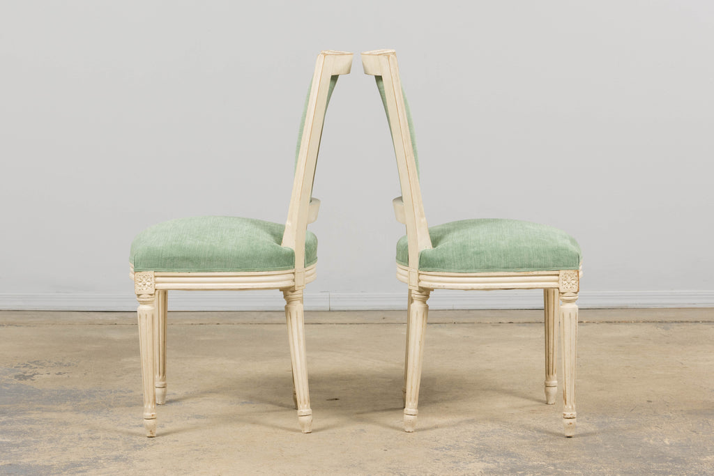 Pair of Antique French Louis XVI Style Painted Accent Side Chairs in Sea Green