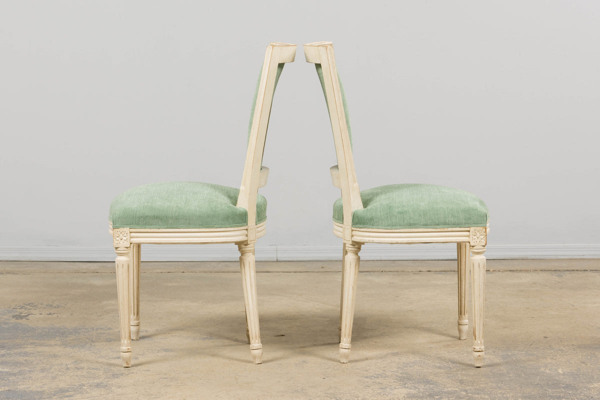Pair of Antique French Louis XVI Style Painted Accent Side Chairs in Sea Green