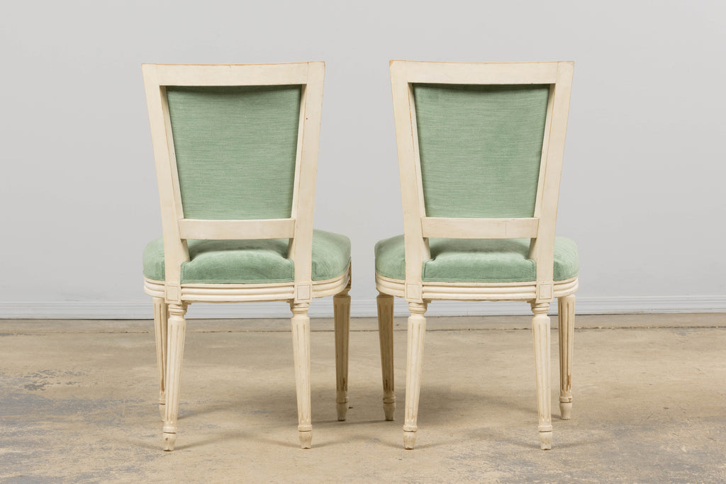 Pair of Antique French Louis XVI Style Painted Accent Side Chairs in Sea Green
