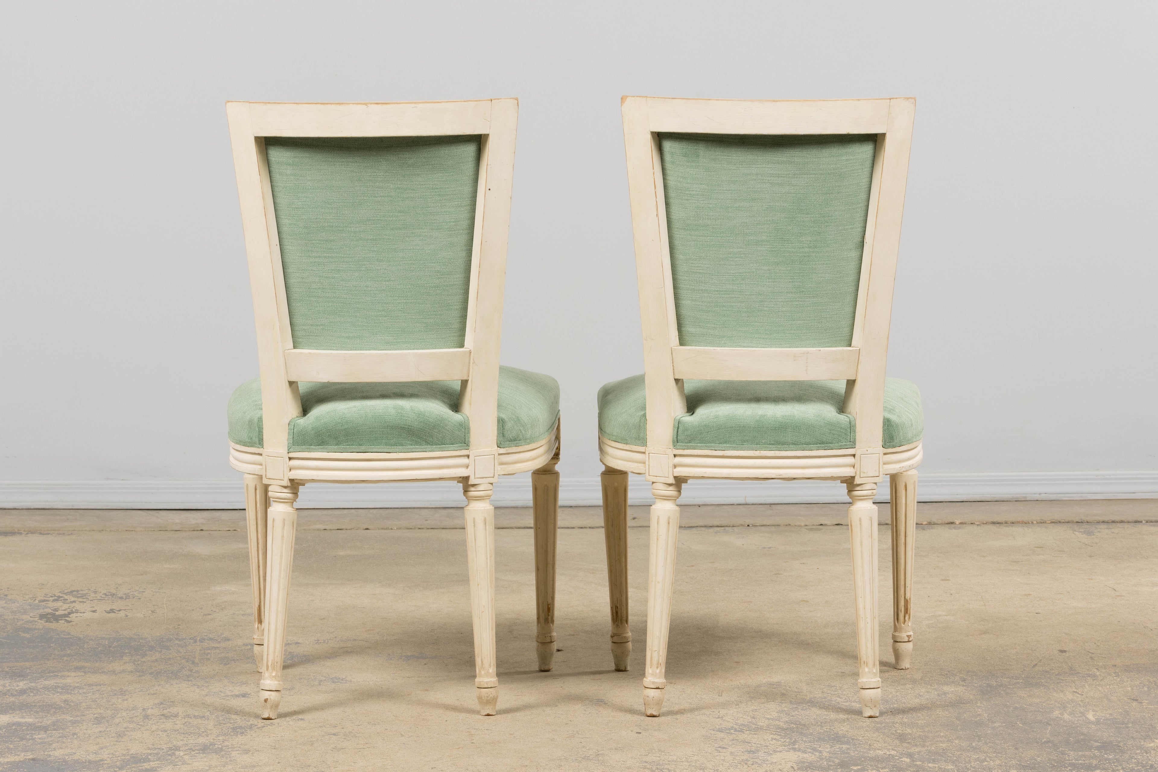 Pair of Antique French Louis XVI Style Painted Accent Side Chairs in Sea Green