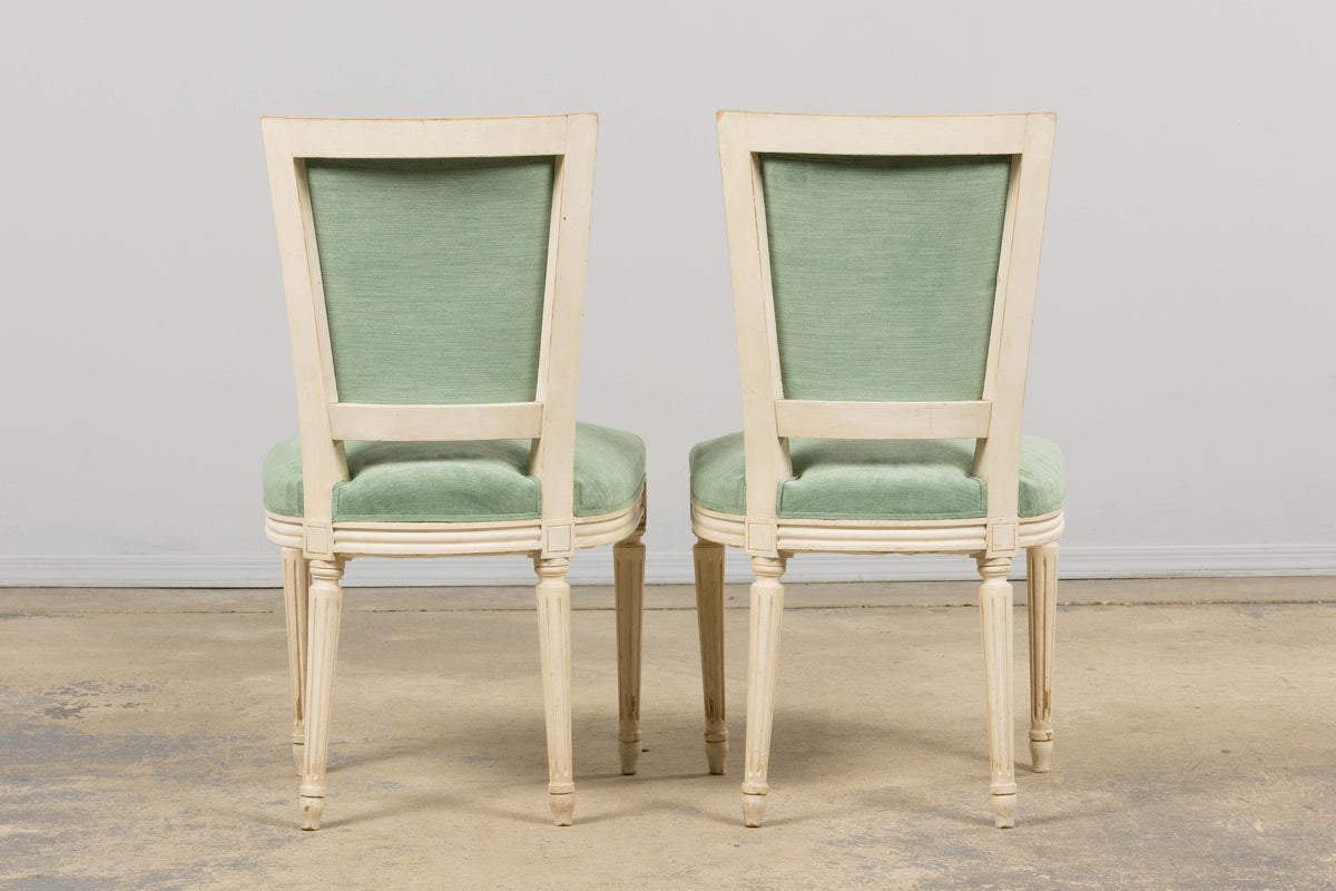 Pair of Antique French Louis XVI Style Painted Accent Side Chairs in Sea Green