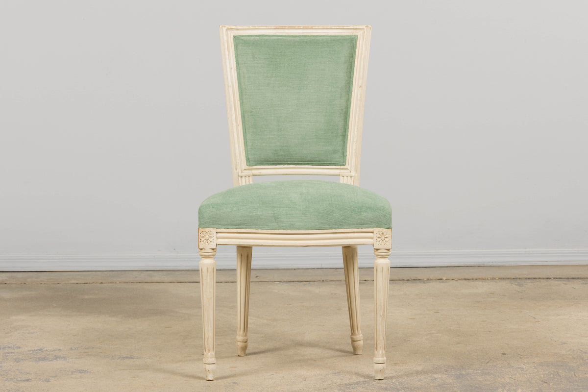 Pair of Antique French Louis XVI Style Painted Accent Side Chairs in Sea Green