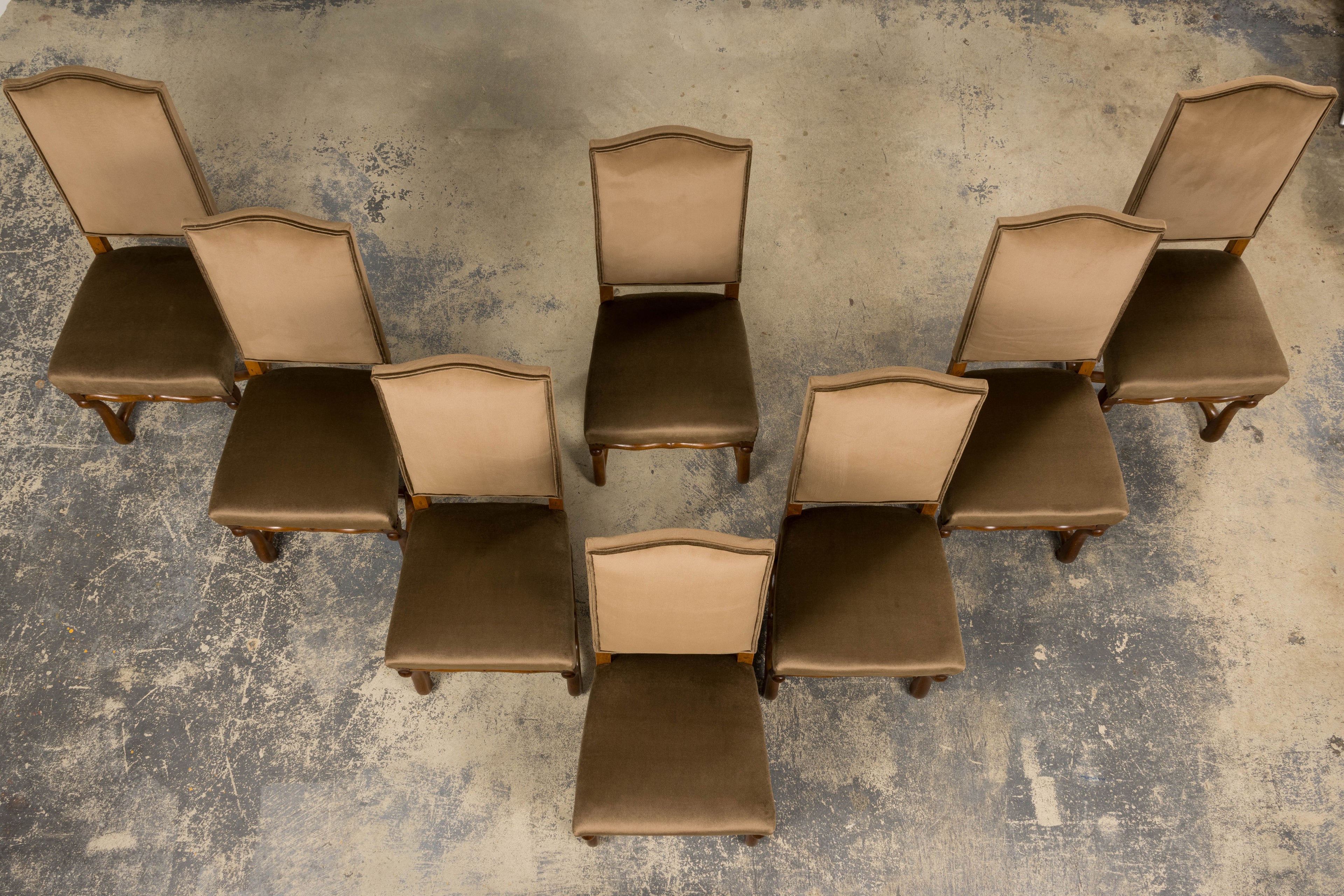 Antique French Louis XIII Style Os De Mouton Maple Dining Chairs in Brown Velvet - Set of 8