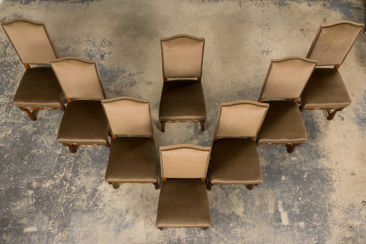 Antique French Louis XIII Style Os De Mouton Maple Dining Chairs in Brown Velvet - Set of 8
