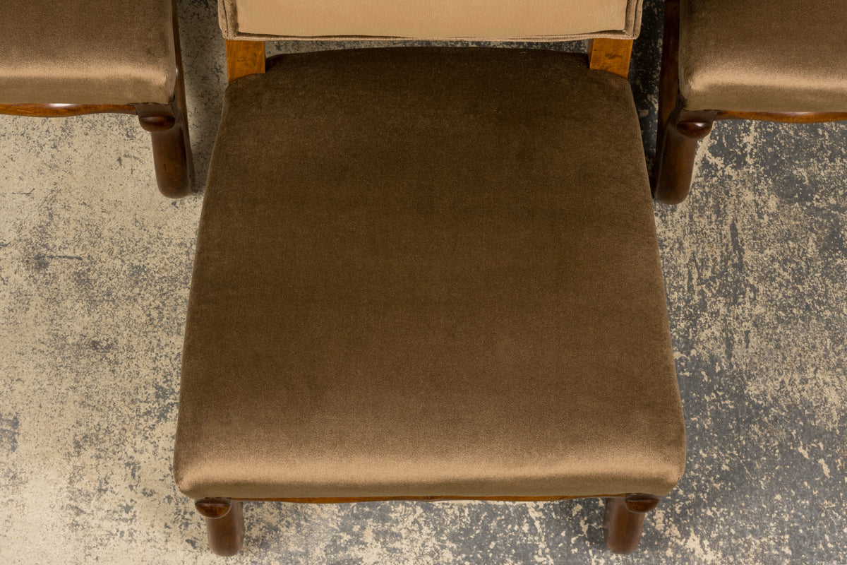 Antique French Louis XIII Style Os De Mouton Maple Dining Chairs in Brown Velvet - Set of 8
