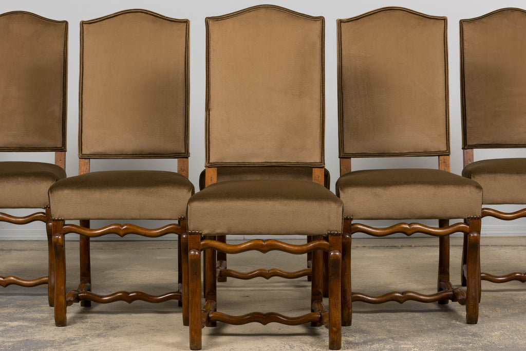 Antique French Louis XIII Style Os De Mouton Maple Dining Chairs in Brown Velvet - Set of 8