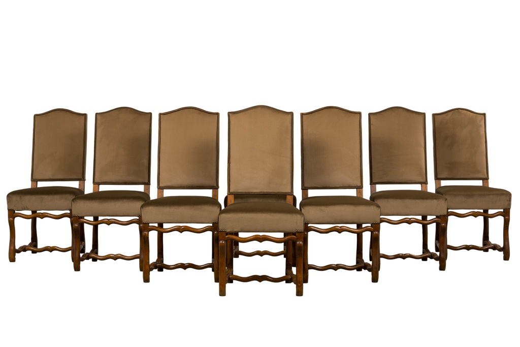 Antique French Louis XIII Style Os De Mouton Maple Dining Chairs in Brown Velvet - Set of 8