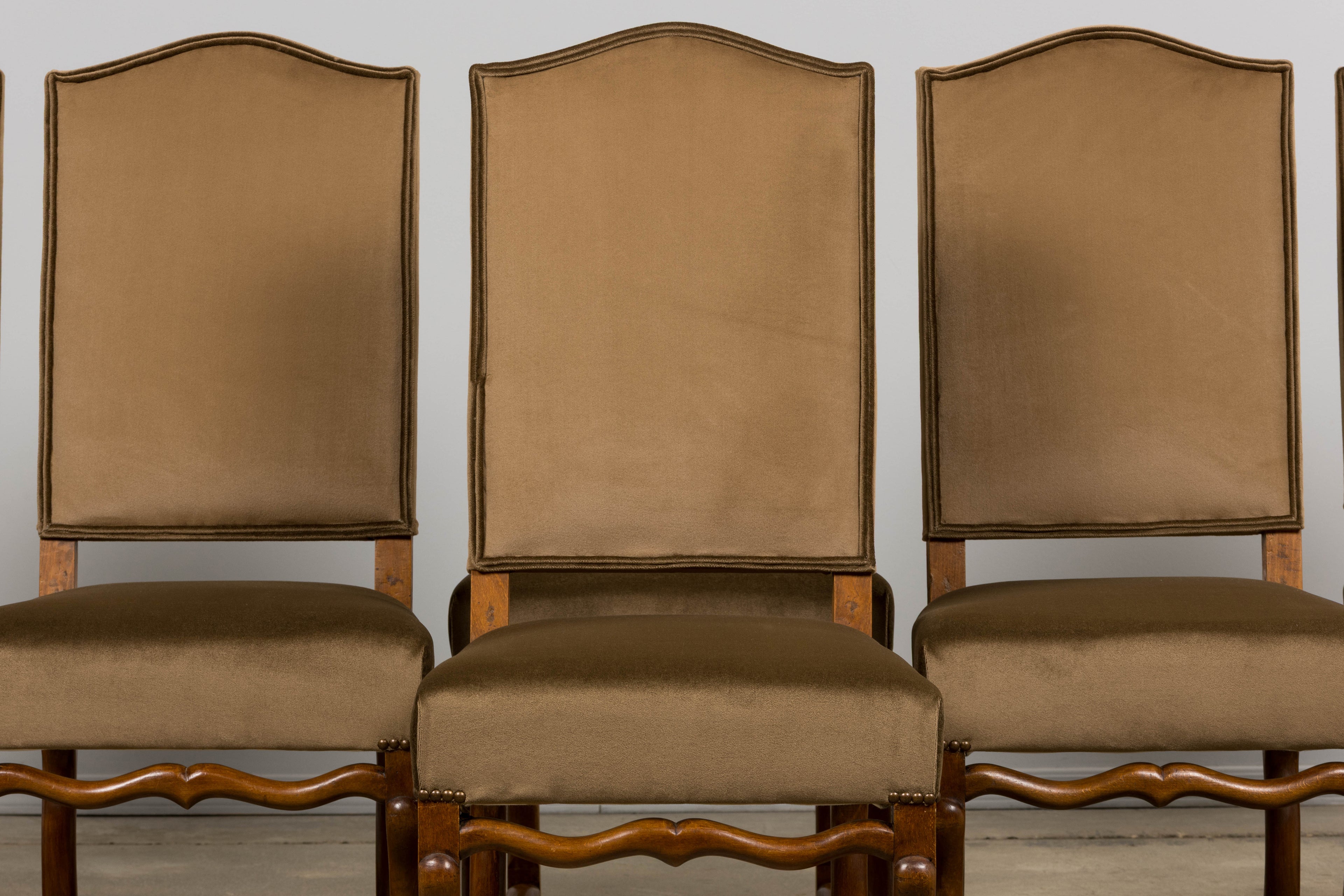 Antique French Louis XIII Style Os De Mouton Maple Dining Chairs in Brown Velvet - Set of 8
