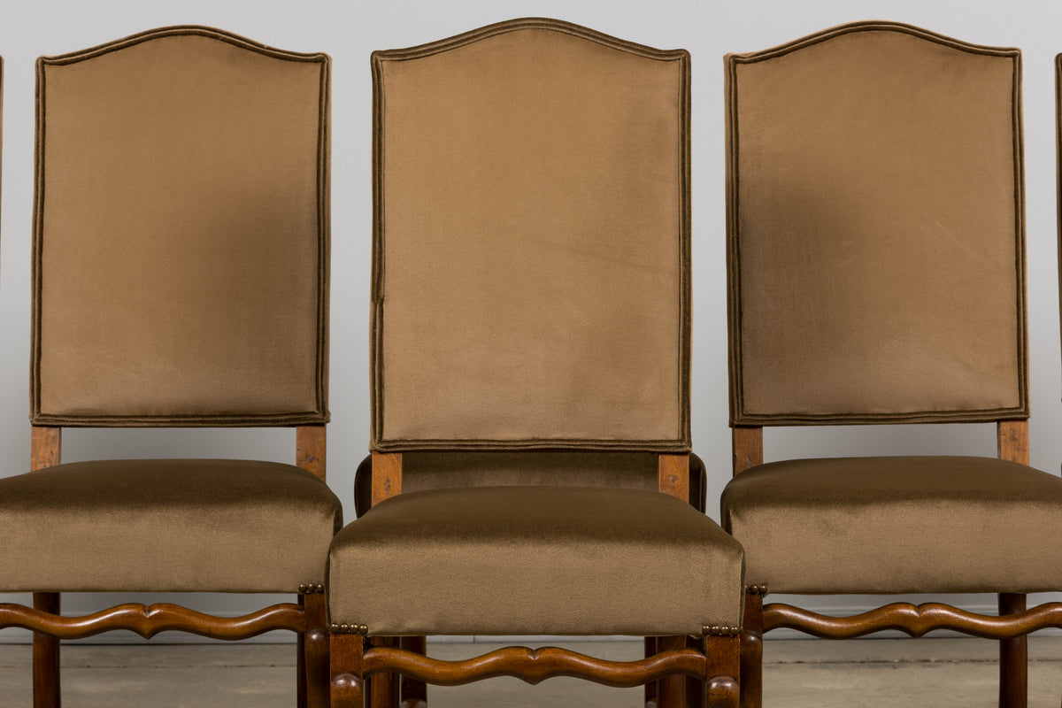 Antique French Louis XIII Style Os De Mouton Maple Dining Chairs in Brown Velvet - Set of 8
