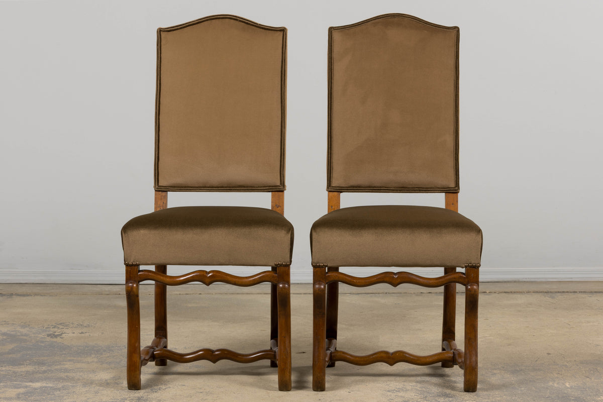 Antique French Louis XIII Style Os De Mouton Maple Dining Chairs in Brown Velvet - Set of 8