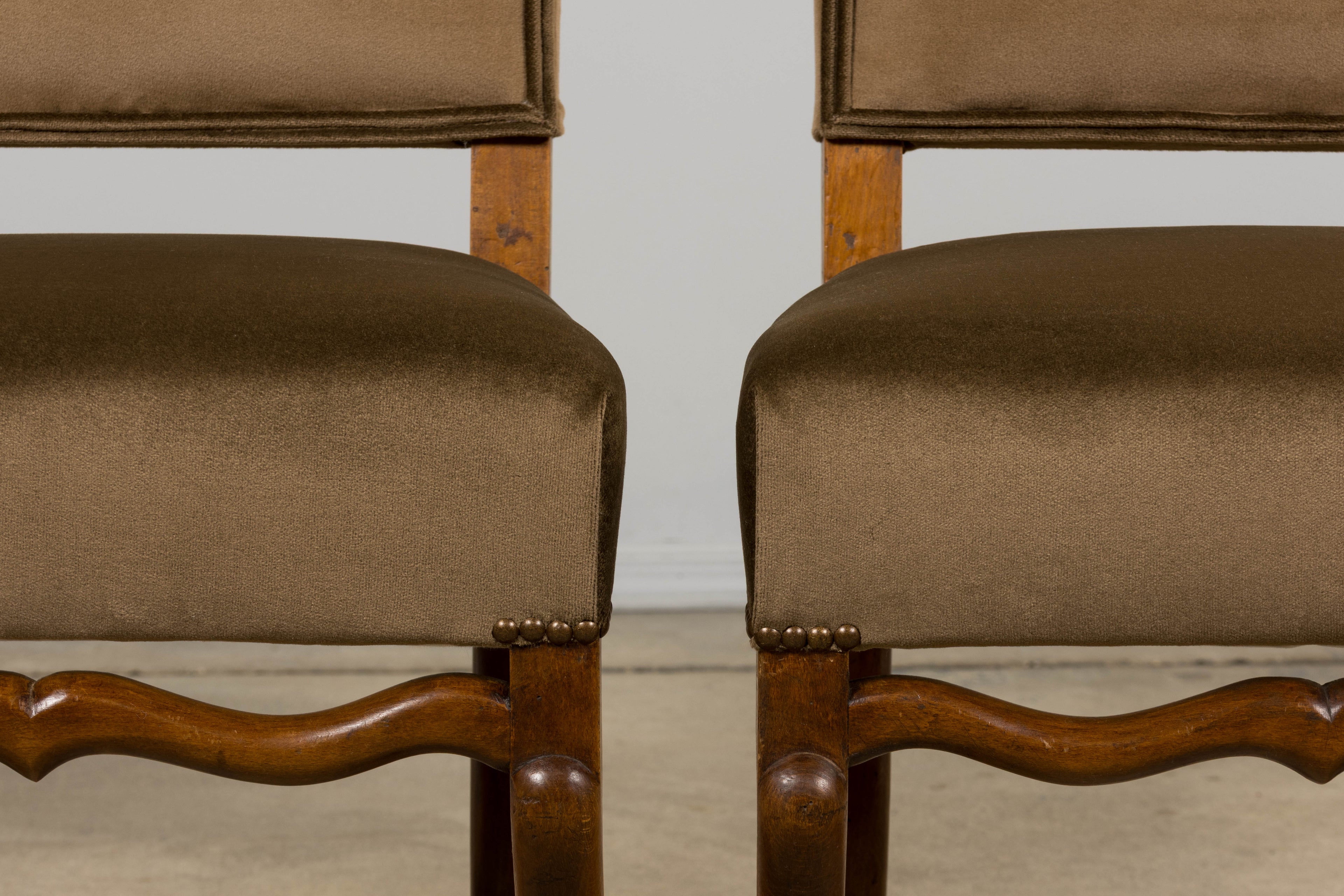 Antique French Louis XIII Style Os De Mouton Maple Dining Chairs in Brown Velvet - Set of 8