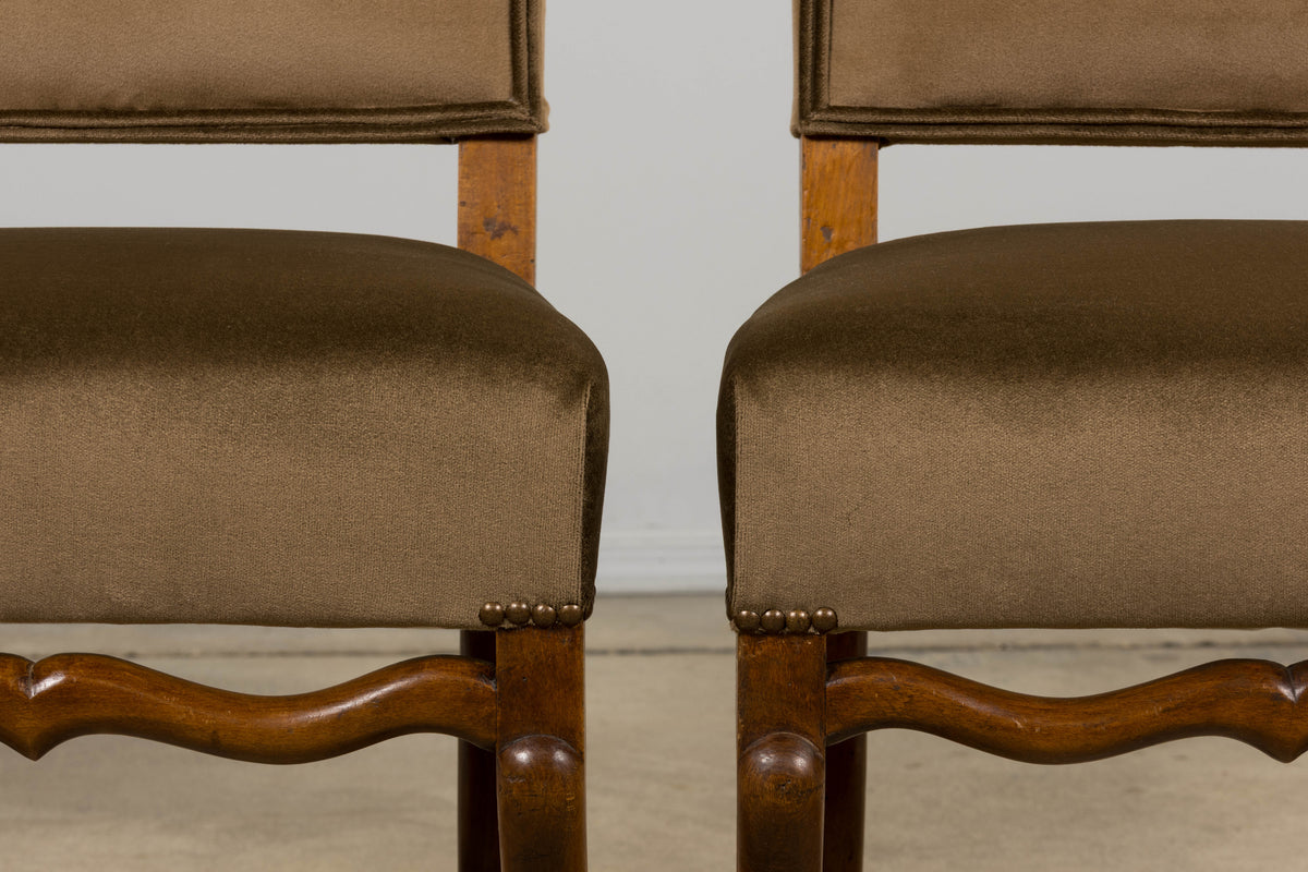Antique French Louis XIII Style Os De Mouton Maple Dining Chairs in Brown Velvet - Set of 8